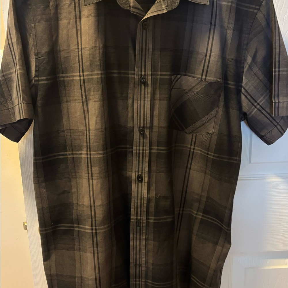 Men’s button down short sleeve shirt.